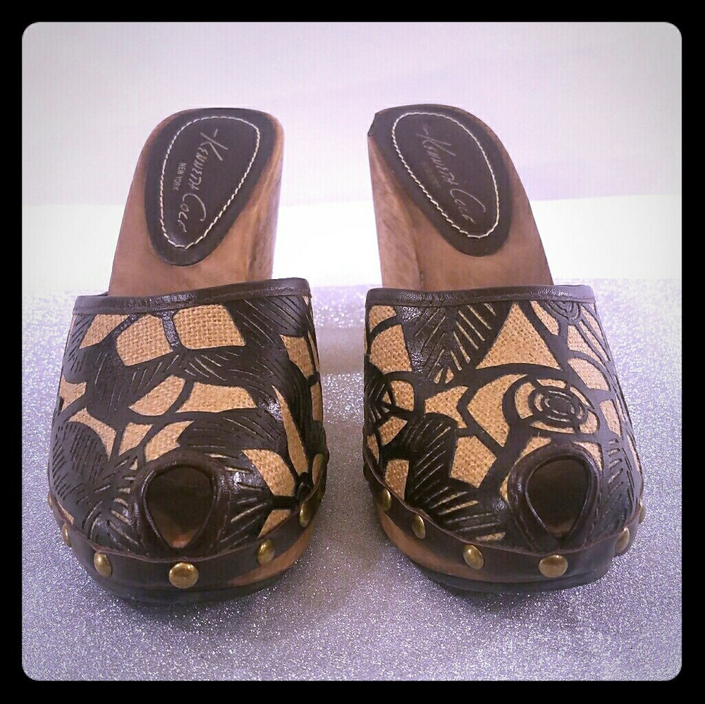 Kenneth Cole Jute & Leather Wooden Mule Clogs